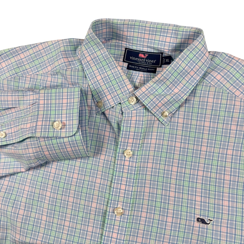 Vineyard Vines Button Down Mens XL Blue Plaid Slim Fit Whale Shirt Long Sleeve